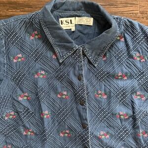 Vintage KSL Embroidered Denim Crop Top Plus Size 20W Pintuck Floral 90s